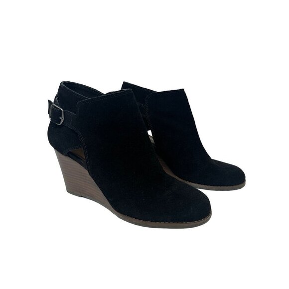 Lucky Brand Black Leather Wedge Ankle Boots With Buckle Strap Size 9 - Picture 1 of 13